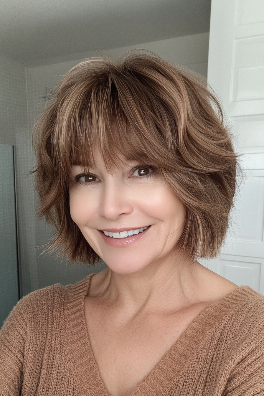 3. Caramel-Tinted Shag with Full Fringe (Short Shag Haircuts With Bangs For Older Women) - Short Shag Haircuts With Bangs For Older Women