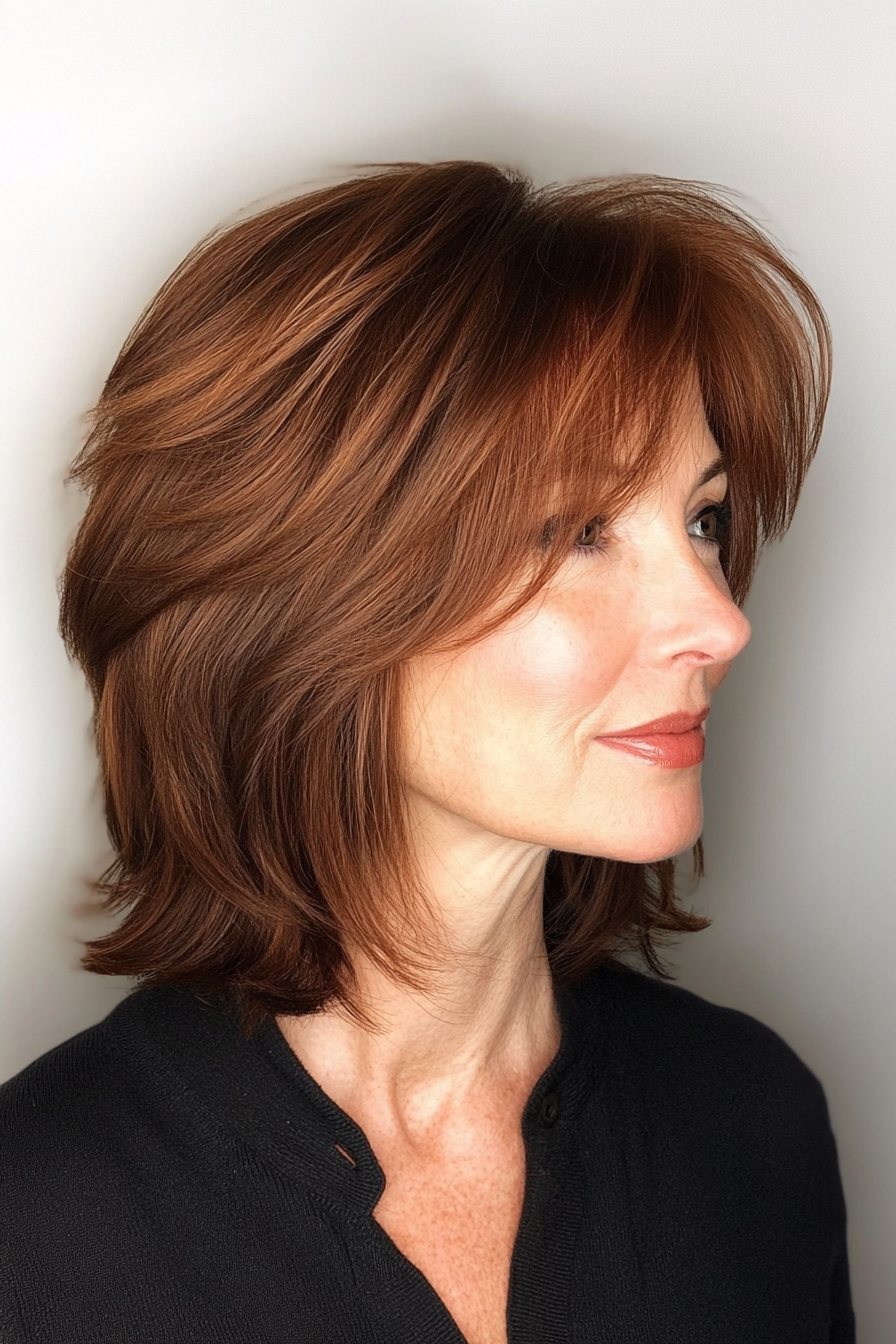 5. Chestnut Shag with Micro Bangs (Short Shag Haircuts With Bangs For Older Women) - Short Shag Haircuts With Bangs For Older Women