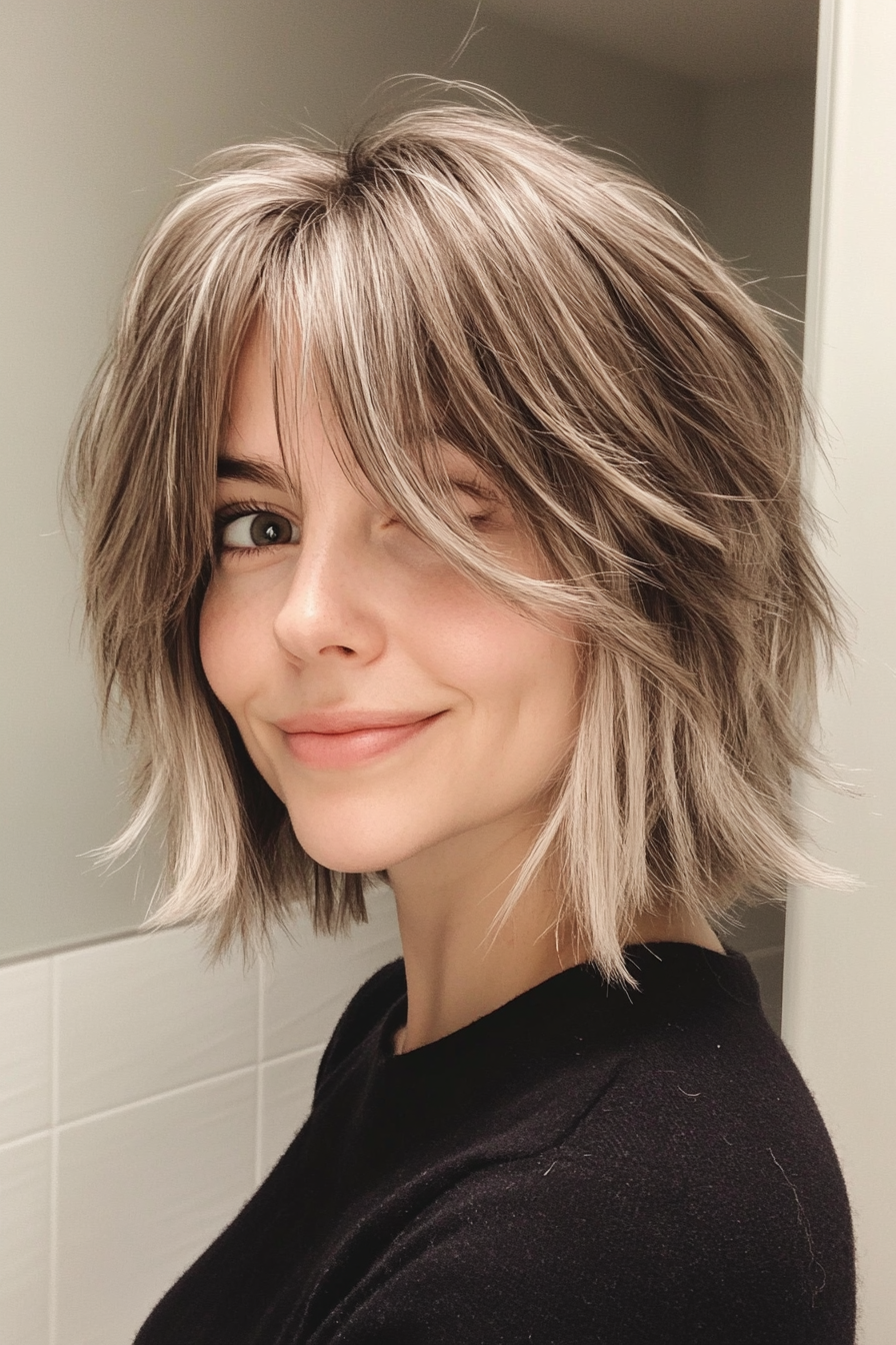 6. Salt and Pepper Shag with Curtain Bangs (Short Shag Haircuts With Bangs For Older Women) - Short Shag Haircuts With Bangs For Older Women