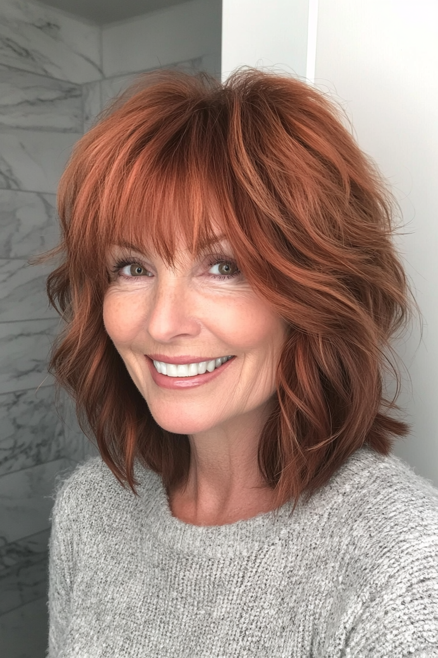 7. Soft Auburn Shag with Tousled Bangs (Short Shag Haircuts With Bangs For Older Women) - Short Shag Haircuts With Bangs For Older Women