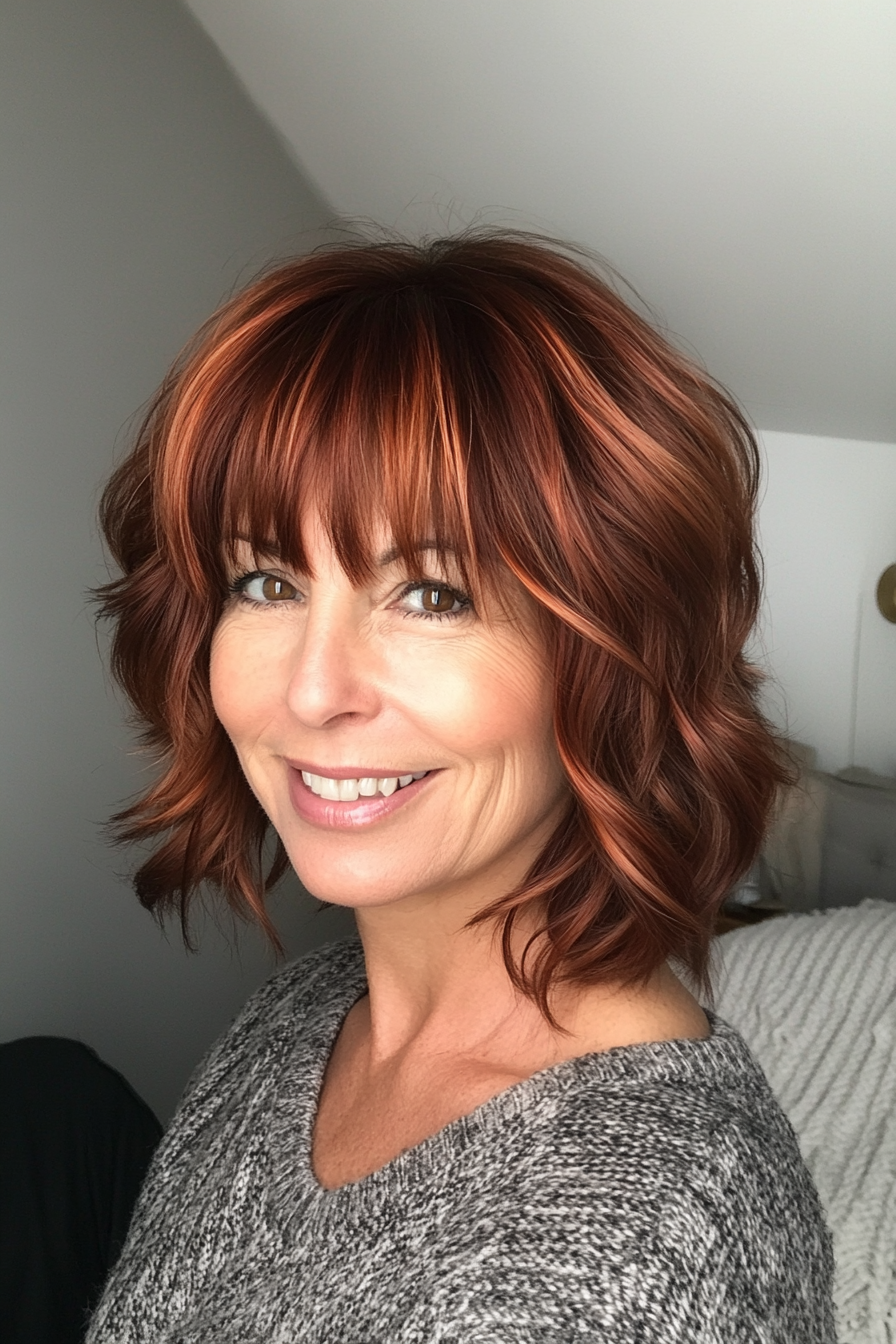 9. Dark Copper Shag with Curved Bangs (Short Shag Haircuts With Bangs For Older Women) - Short Shag Haircuts With Bangs For Older Women