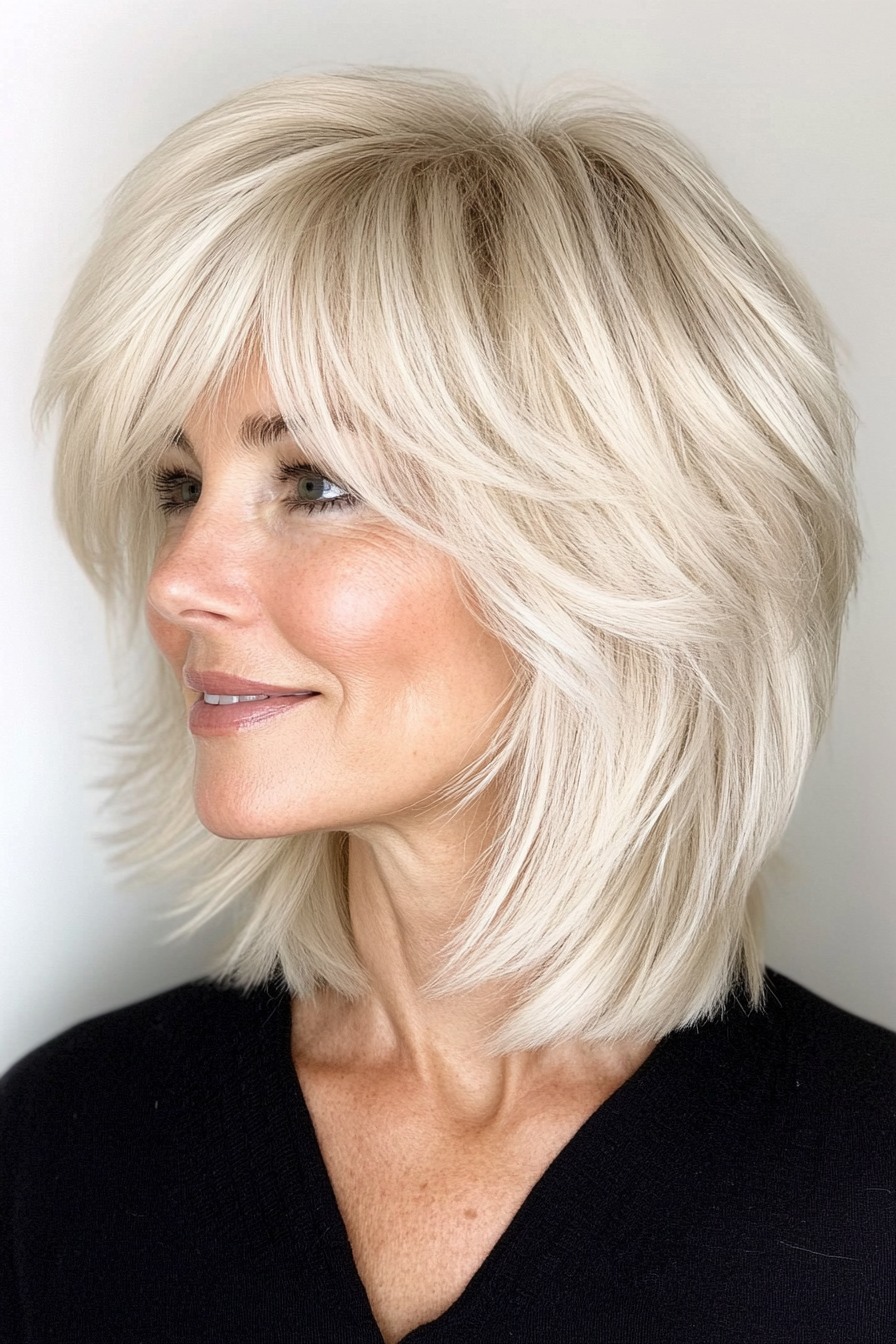 10. Platinum Blonde Shag with Feathered Bangs (Short Shag Haircuts With Bangs For Older Women) - Short Shag Haircuts With Bangs For Older Women