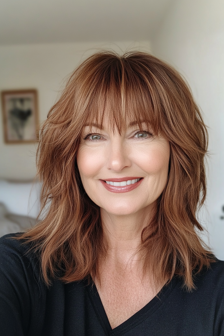 11. Medium Brown Shag with Fringe (Short Shag Haircuts With Bangs For Older Women) - Short Shag Haircuts With Bangs For Older Women