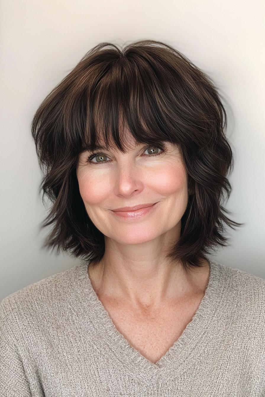 13. Dark Chocolate Shag with Soft Bangs (Short Shag Haircuts With Bangs For Older Women) - Short Shag Haircuts With Bangs For Older Women