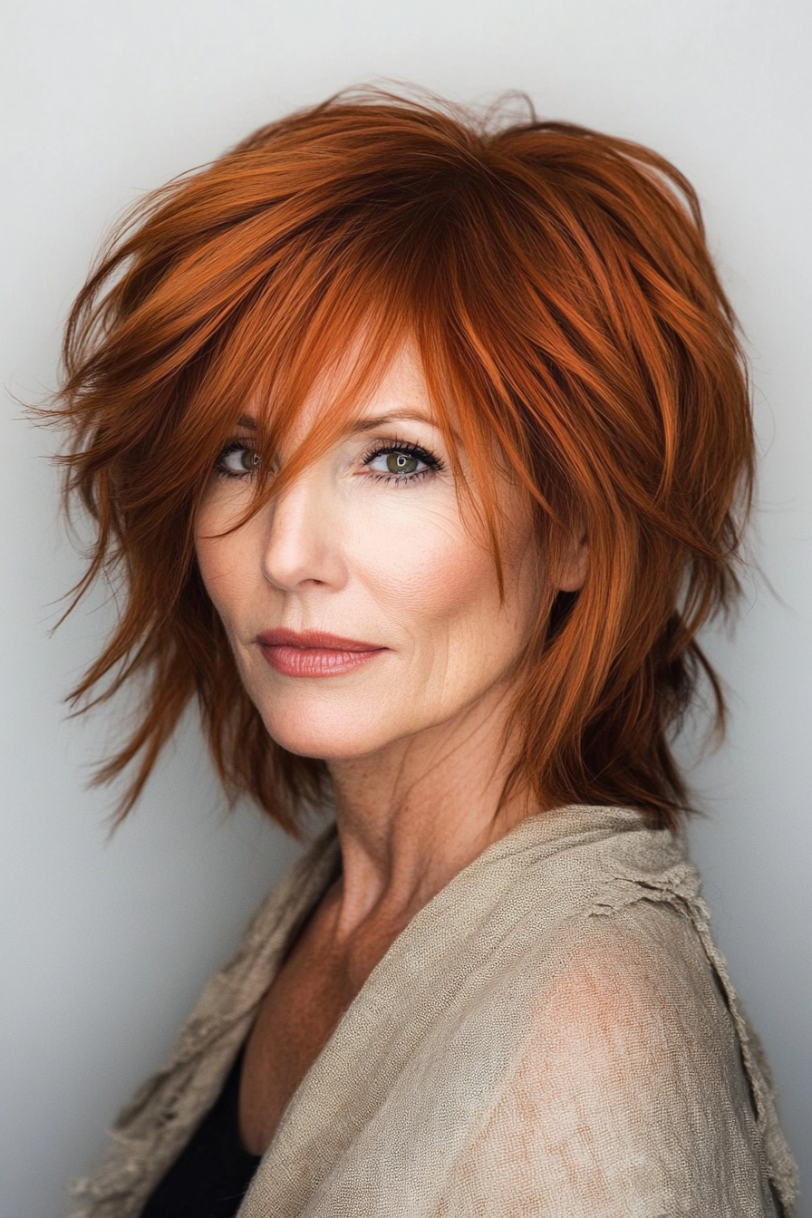 14. Copper Red Shag with Side-Swept Bangs (Short Shag Haircuts With Bangs For Older Women) - Short Shag Haircuts With Bangs For Older Women