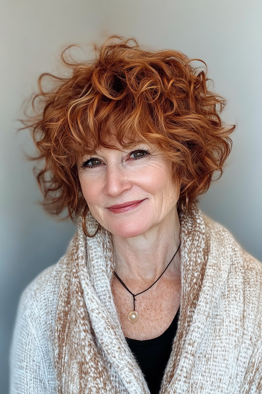 16. Reddish Brown Shag with Curled Bangs (Short Shag Haircuts With Bangs For Older Women) - Short Shag Haircuts With Bangs For Older Women