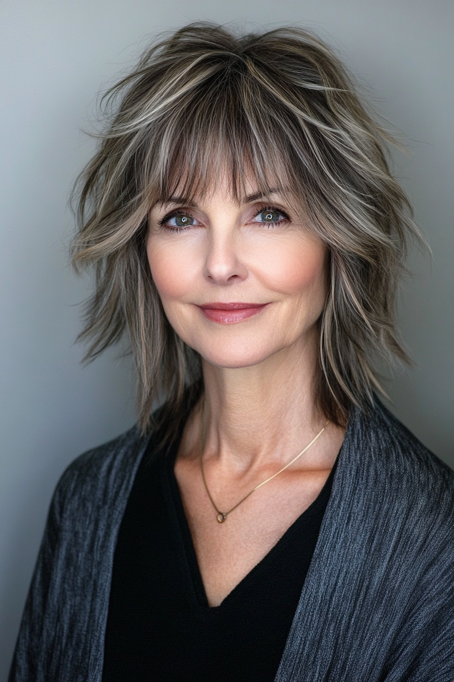 17. Ash Brown Shag with Long Bangs (Short Shag Haircuts With Bangs For Older Women) - Short Shag Haircuts With Bangs For Older Women