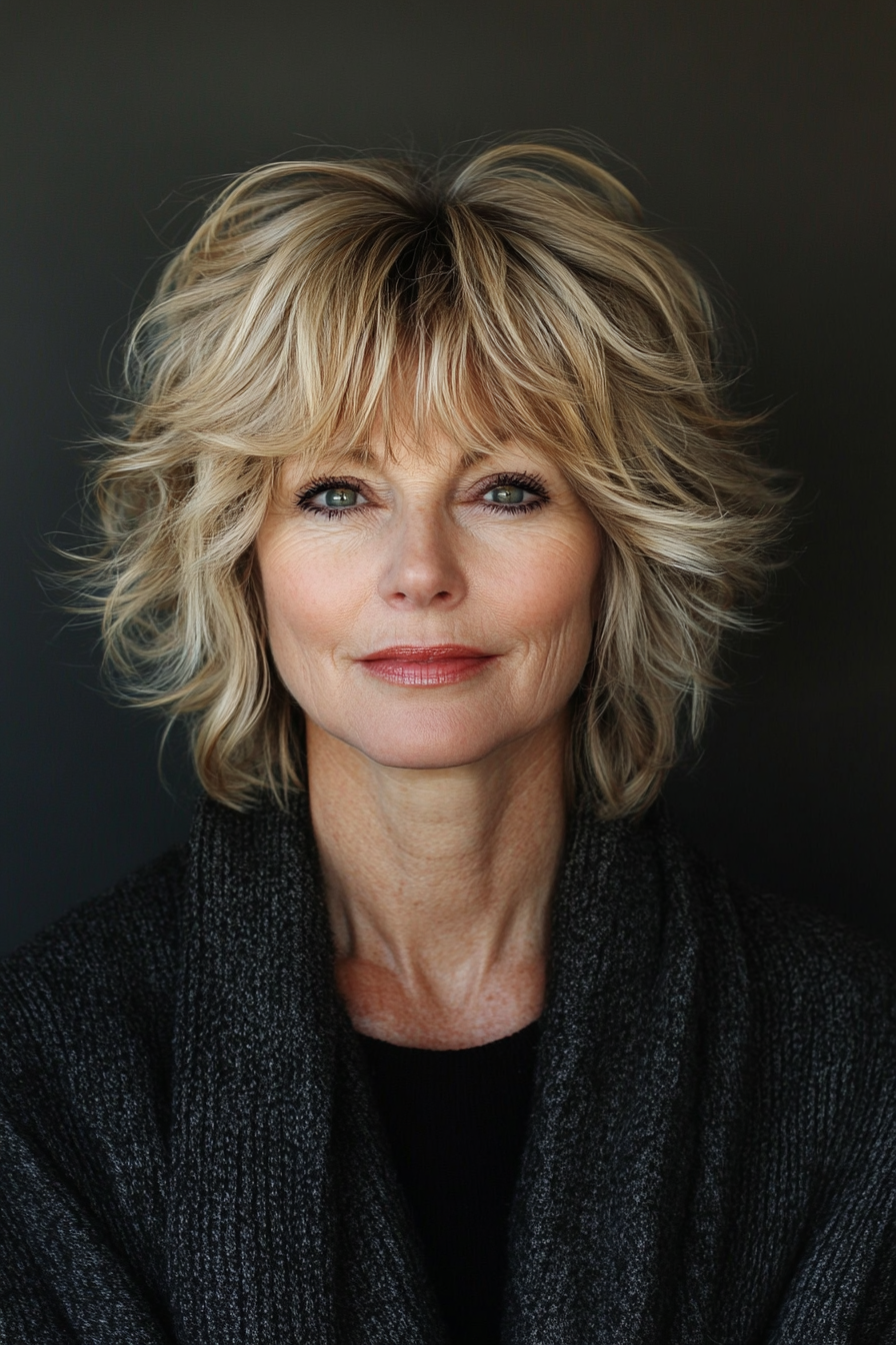 18. Golden Blonde Shag with Full Fringe (Short Shag Haircuts With Bangs For Older Women) - Short Shag Haircuts With Bangs For Older Women