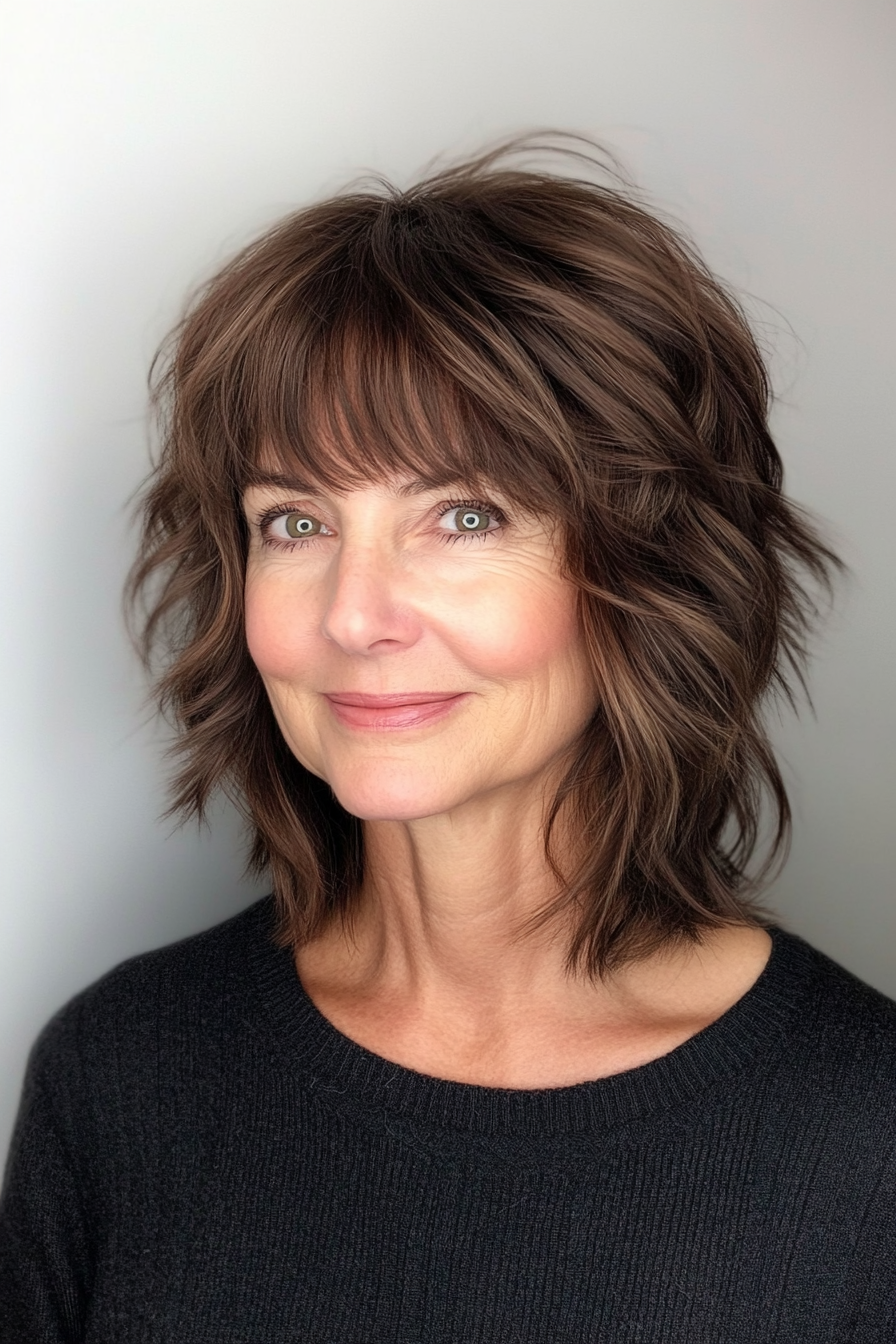19. Dark Brown Shag with Slightly Curled Bangs (Short Shag Haircuts With Bangs For Older Women) - Short Shag Haircuts With Bangs For Older Women
