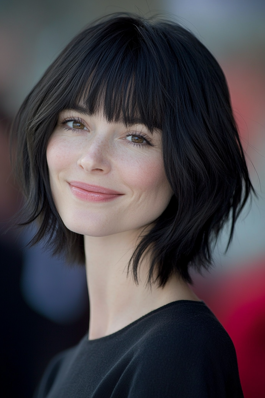 20. Soft Black Shag with Baby Bangs (Short Shag Haircuts With Bangs For Older Women) - Short Shag Haircuts With Bangs For Older Women