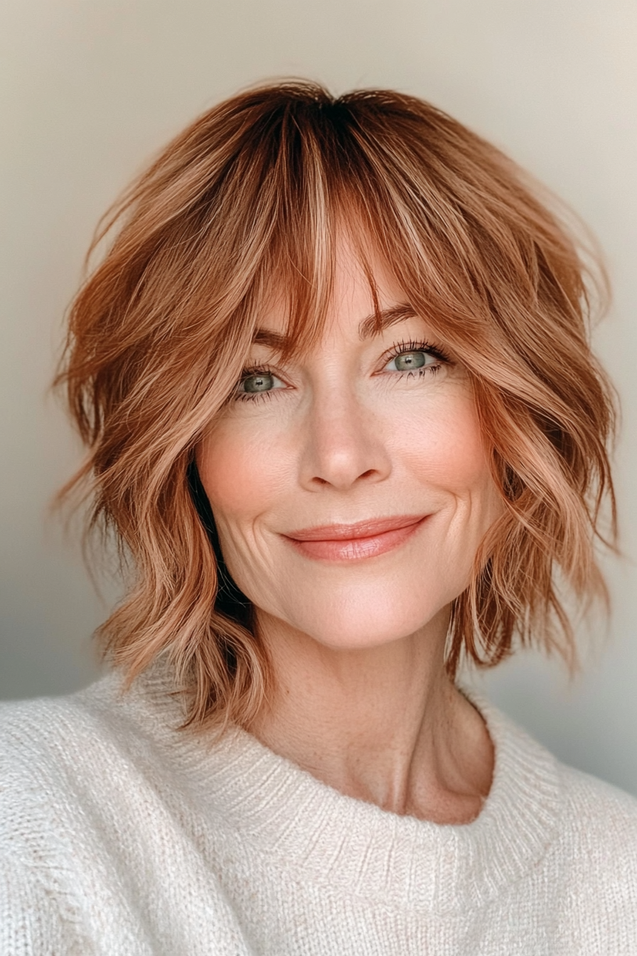 21. Light Copper Shag with Wispy Bangs (Short Shag Haircuts With Bangs For Older Women) - Short Shag Haircuts With Bangs For Older Women