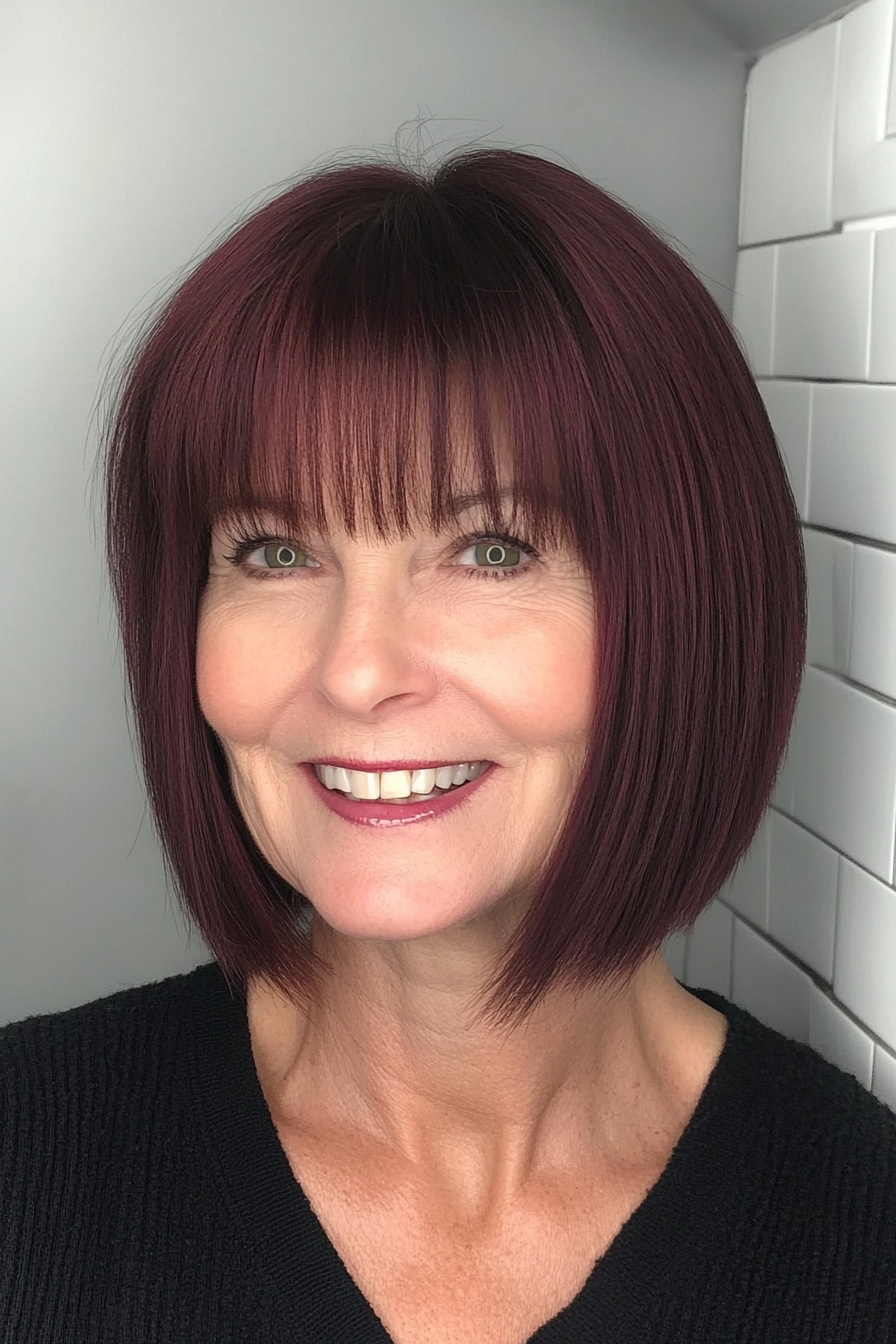 23. Dark Burgundy Shag with Heavy Bangs (Short Shag Haircuts With Bangs For Older Women) - Short Shag Haircuts With Bangs For Older Women