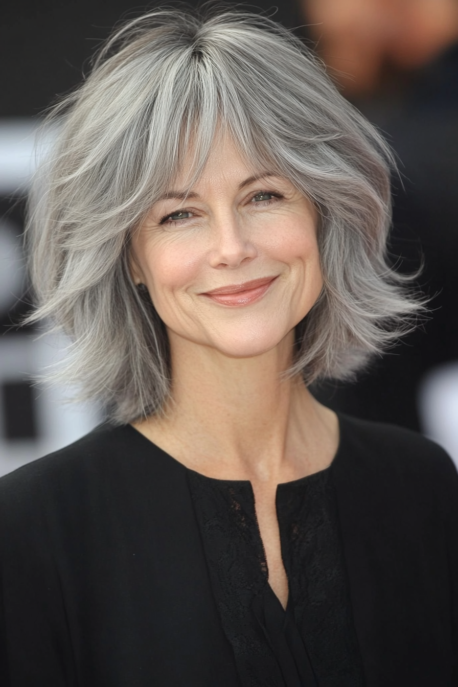 24. Soft Gray Shag with Feathered Fringe (Short Shag Haircuts With Bangs For Older Women) - Short Shag Haircuts With Bangs For Older Women