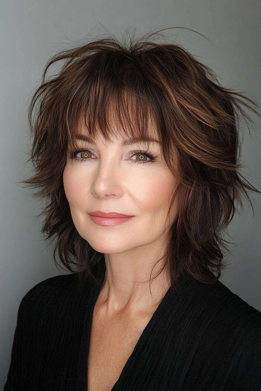 25. Brunette Shag with Textured Bangs (Short Shag Haircuts With Bangs For Older Women) - Short Shag Haircuts With Bangs For Older Women