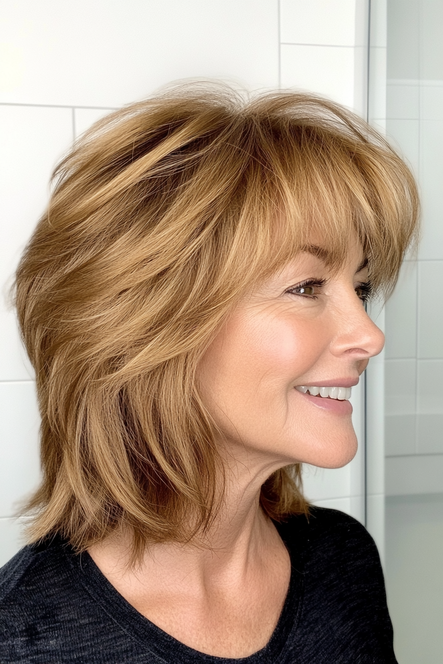 26. Golden Brown Shag with Loose Bangs (Short Shag Haircuts With Bangs For Older Women) - Short Shag Haircuts With Bangs For Older Women