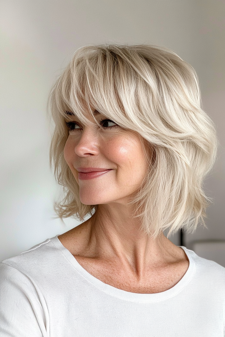 27. Ash Blonde Shag with Side Bangs (Short Shag Haircuts With Bangs For Older Women) - Short Shag Haircuts With Bangs For Older Women