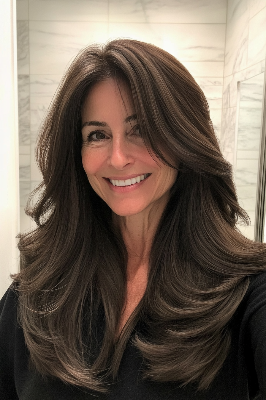 3. Long Layered Cut with Natural Dark Brown (Hairstyles For Older Women With Thin Hair) - Hairstyles For Older Women With Thin Hair