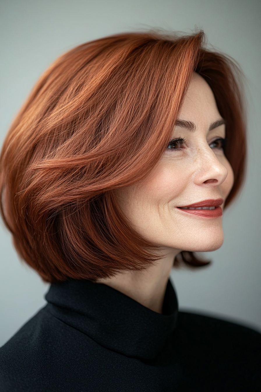 5. Chin-Length Straight Bob with Dark Auburn (Hairstyles For Older Women With Thin Hair) - Hairstyles For Older Women With Thin Hair