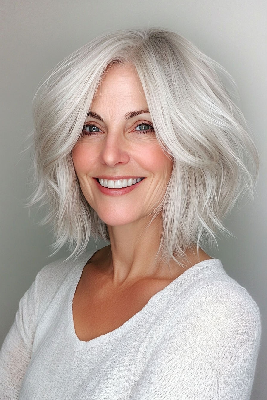 7. Shaggy Bob with Platinum Blonde (Hairstyles For Older Women With Thin Hair) - Hairstyles For Older Women With Thin Hair