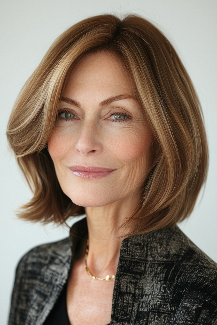 9. Sleek Side-Parted Bob with Medium Brown (Hairstyles For Older Women With Thin Hair) - Hairstyles For Older Women With Thin Hair