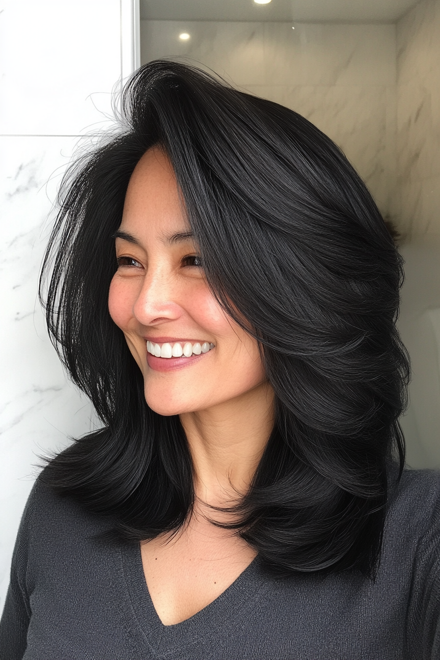 11. Layered Shoulder Cut with Soft Black (Hairstyles For Older Women With Thin Hair) - Hairstyles For Older Women With Thin Hair