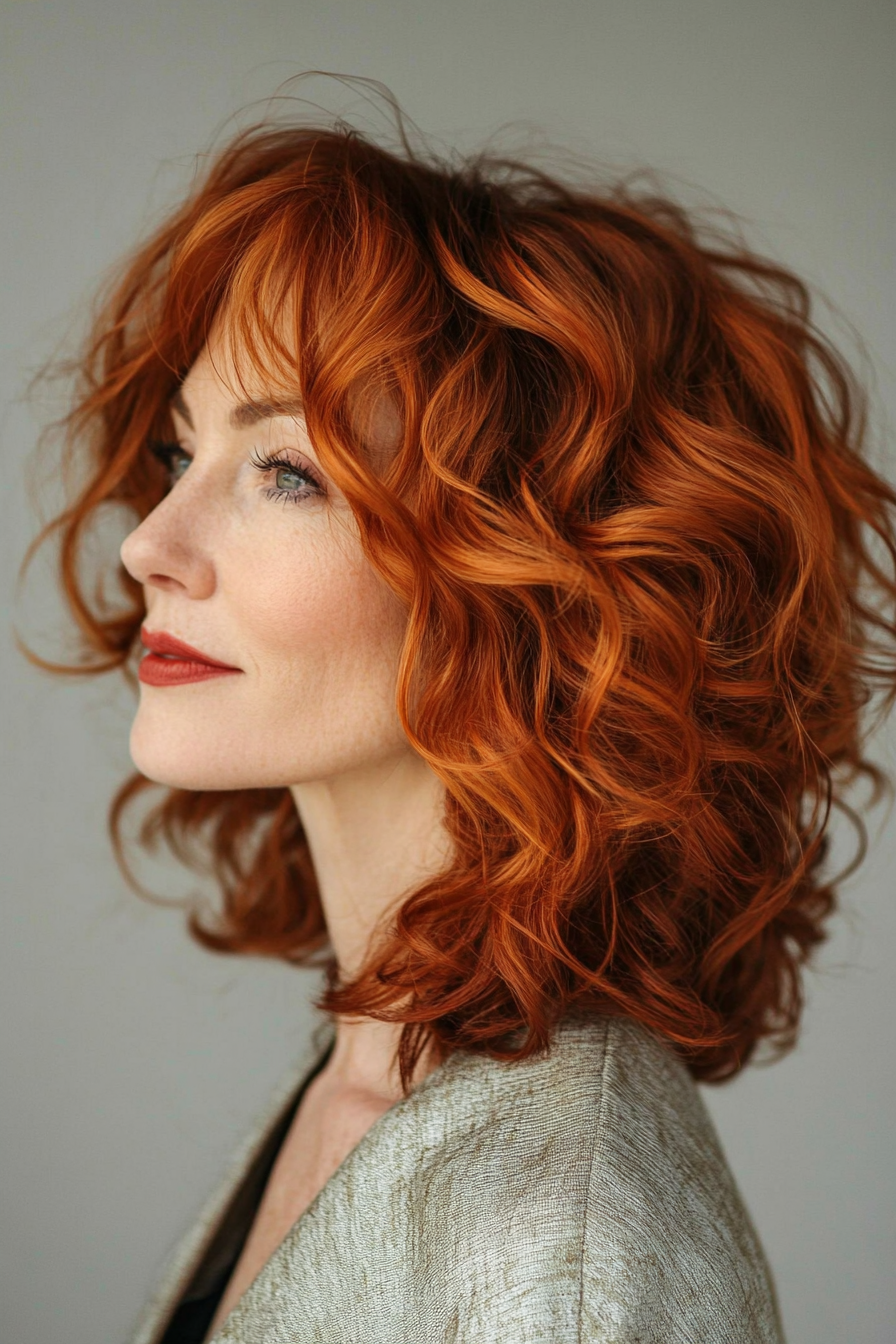 12. Curly Lob with Deep Red (Hairstyles For Older Women With Thin Hair) - Hairstyles For Older Women With Thin Hair