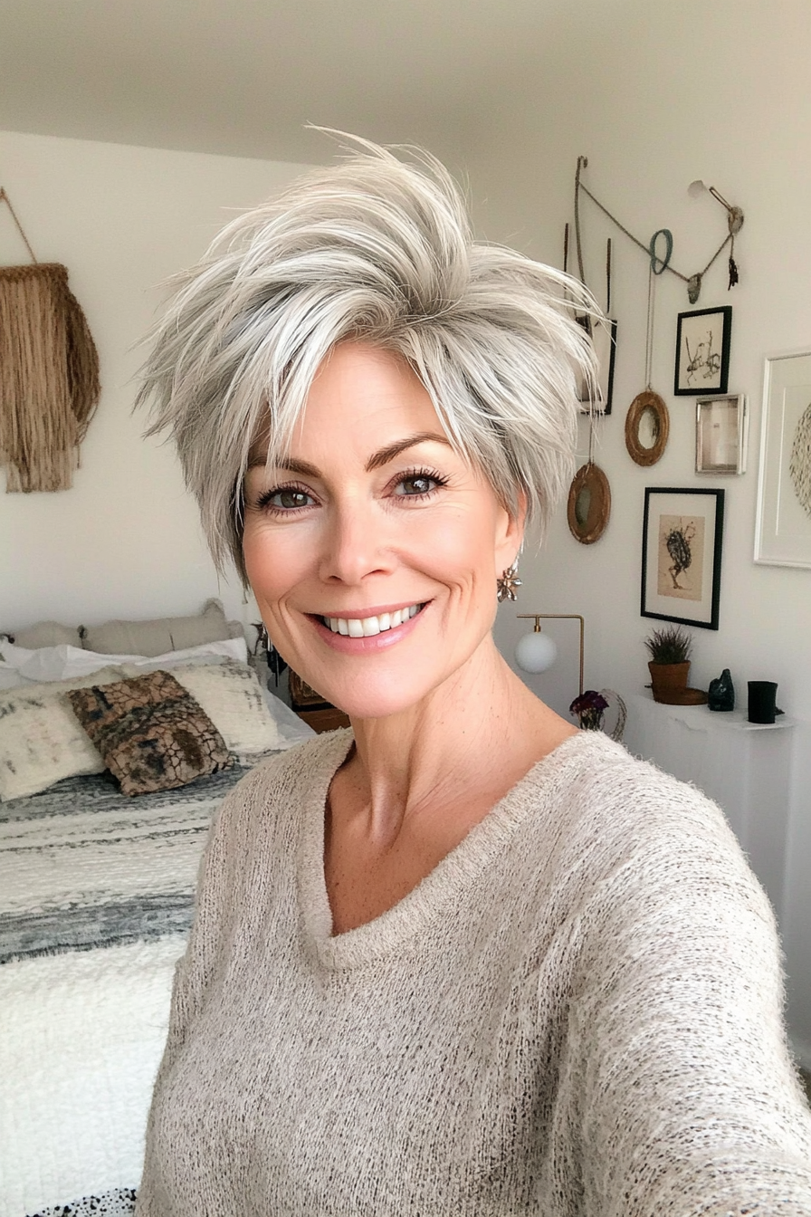 13. Textured Long Pixie with Silver (Hairstyles For Older Women With Thin Hair) - Hairstyles For Older Women With Thin Hair