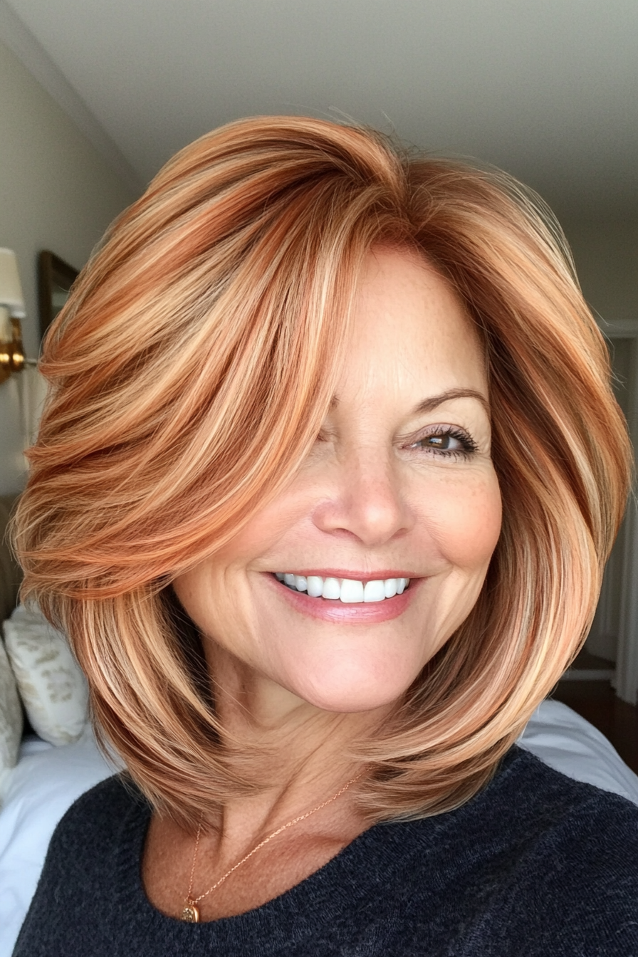 14. Feathered Bob with Soft Copper Highlights (Hairstyles For Older Women With Thin Hair) - Hairstyles For Older Women With Thin Hair