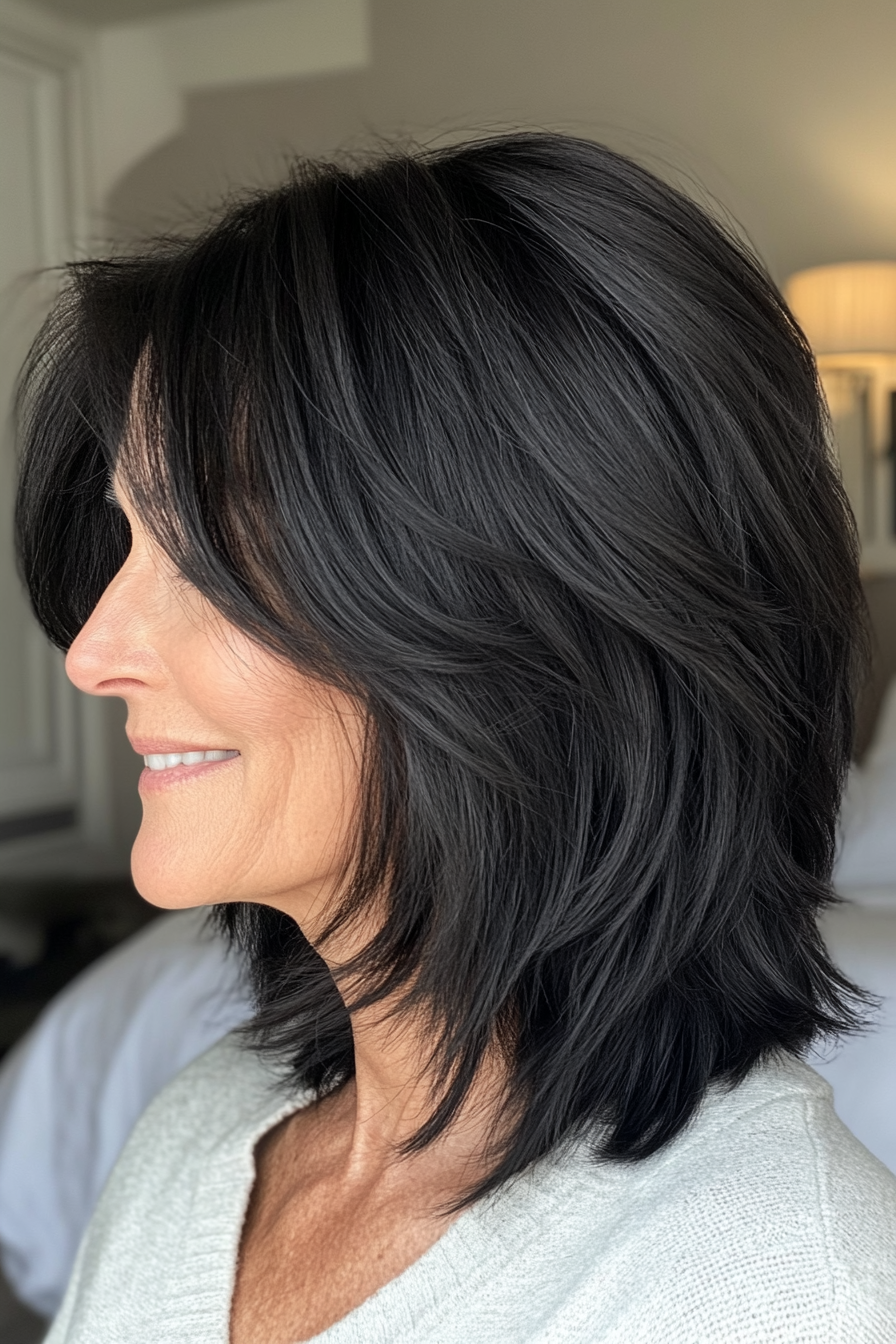 17. Textured Medium Cut with Rich Black (Hairstyles For Older Women With Thin Hair) - Hairstyles For Older Women With Thin Hair