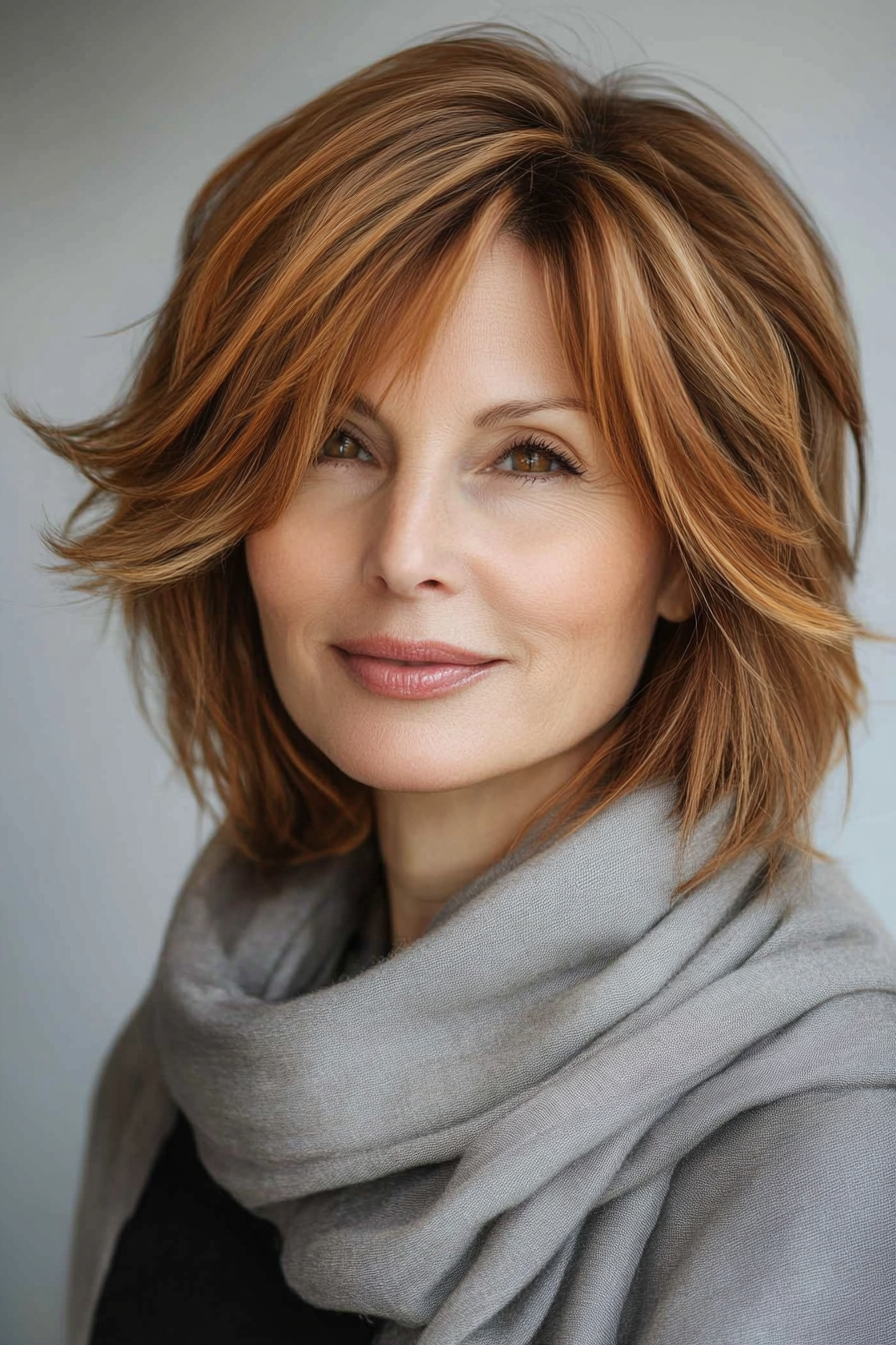 19. Layered Shag with Warm Brown Tones (Hairstyles For Older Women With Thin Hair) - Hairstyles For Older Women With Thin Hair