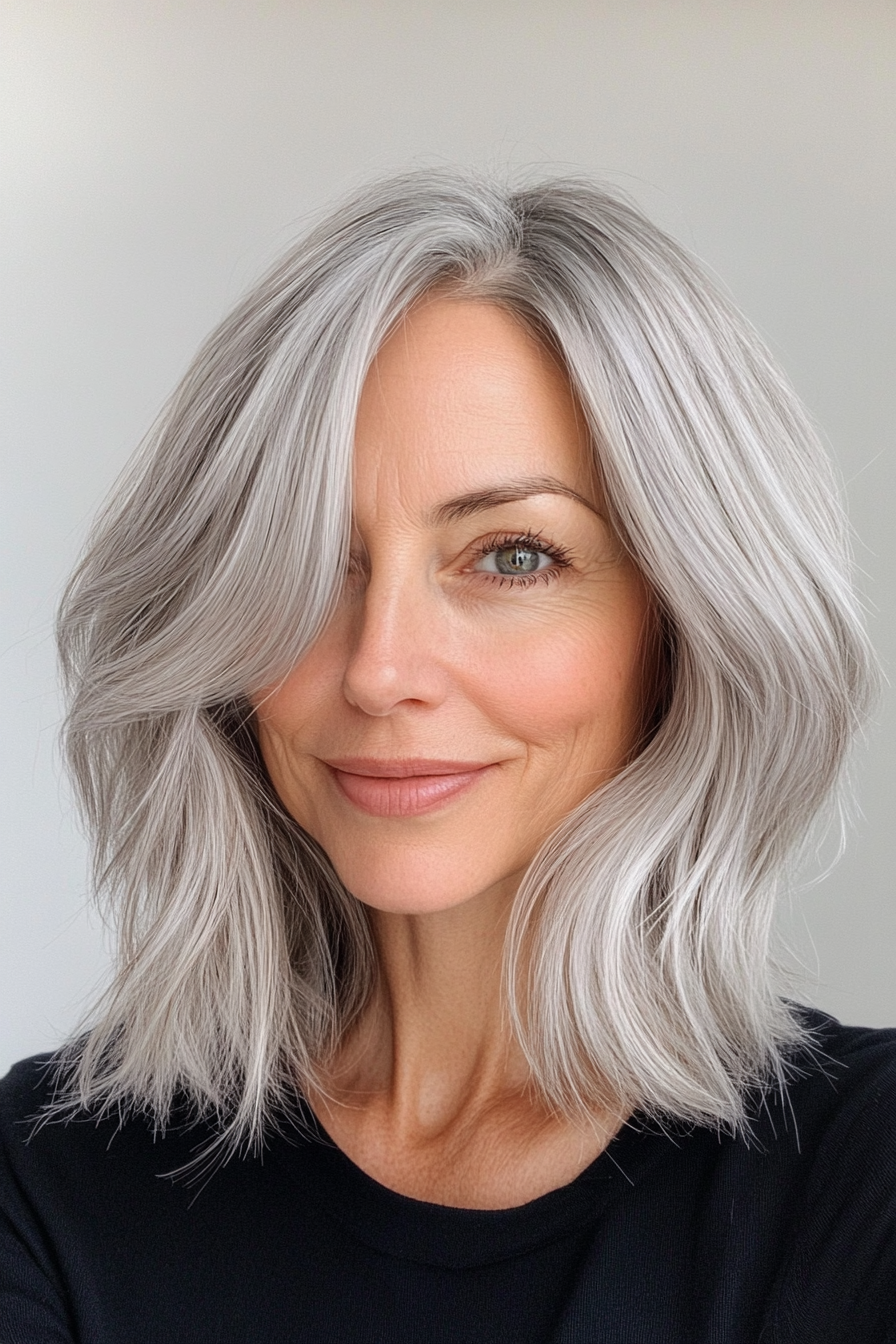 20. Modern Long Bob with Soft Grey (Hairstyles For Older Women With Thin Hair) - Hairstyles For Older Women With Thin Hair