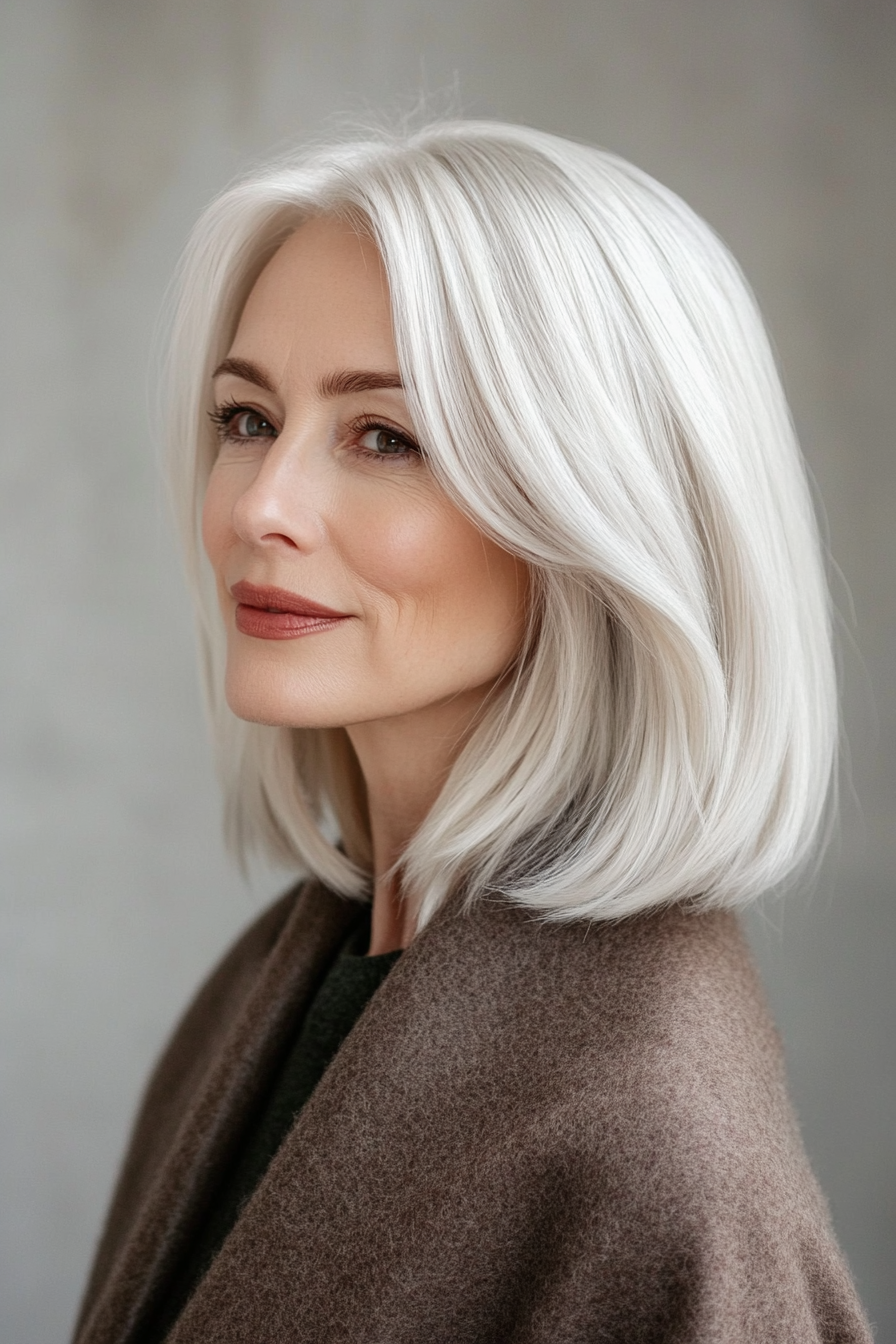 24. Sleek Mid-Length Cut with Platinum Blonde (Hairstyles For Older Women With Thin Hair) - Hairstyles For Older Women With Thin Hair
