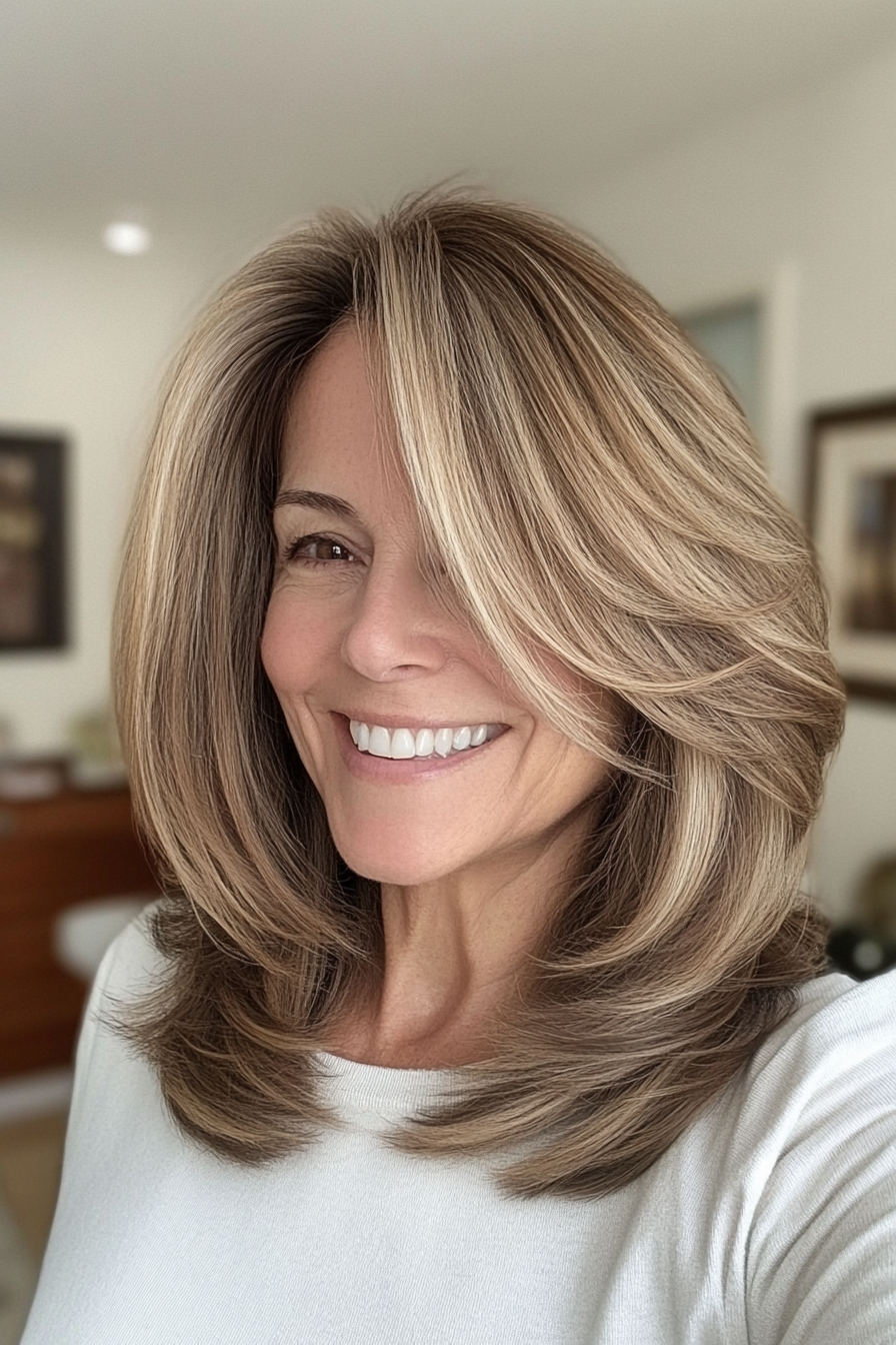 26. Layered Lob with Soft Brown (Hairstyles For Older Women With Thin Hair) - Hairstyles For Older Women With Thin Hair