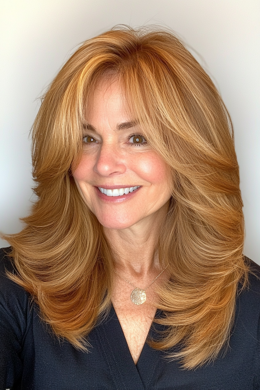 4. Feathered Layers – Golden Brown (Haircuts For Older Women With Thinning Hair) - Haircuts For Older Women With Thinning Hair