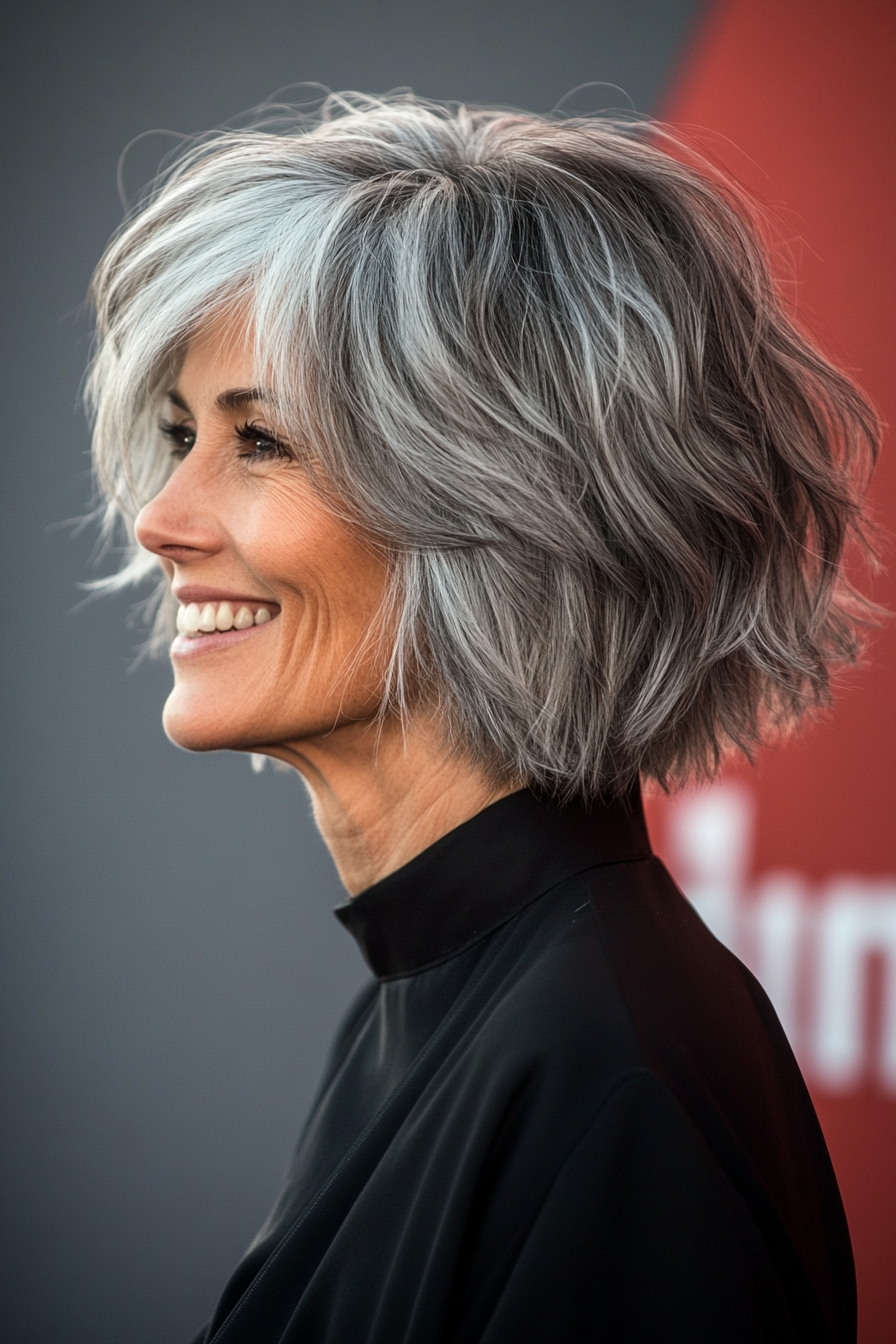 5. Shaggy Bob – Salt and Pepper (Haircuts For Older Women With Thinning Hair) - Haircuts For Older Women With Thinning Hair