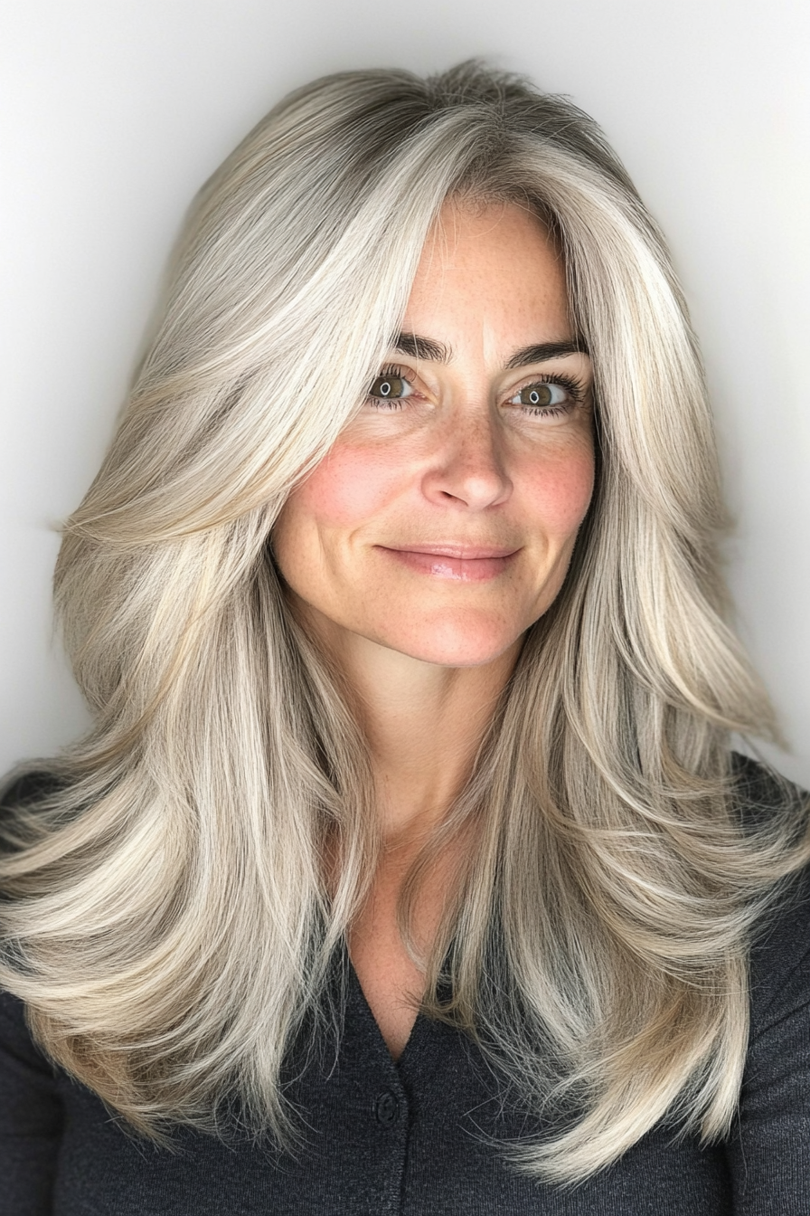 6. Side-Swept Layers – Ash Blonde (Haircuts For Older Women With Thinning Hair) - Haircuts For Older Women With Thinning Hair