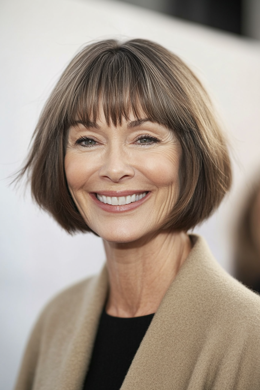 8. Bob with Fringe – Light Brown (Haircuts For Older Women With Thinning Hair) - Haircuts For Older Women With Thinning Hair