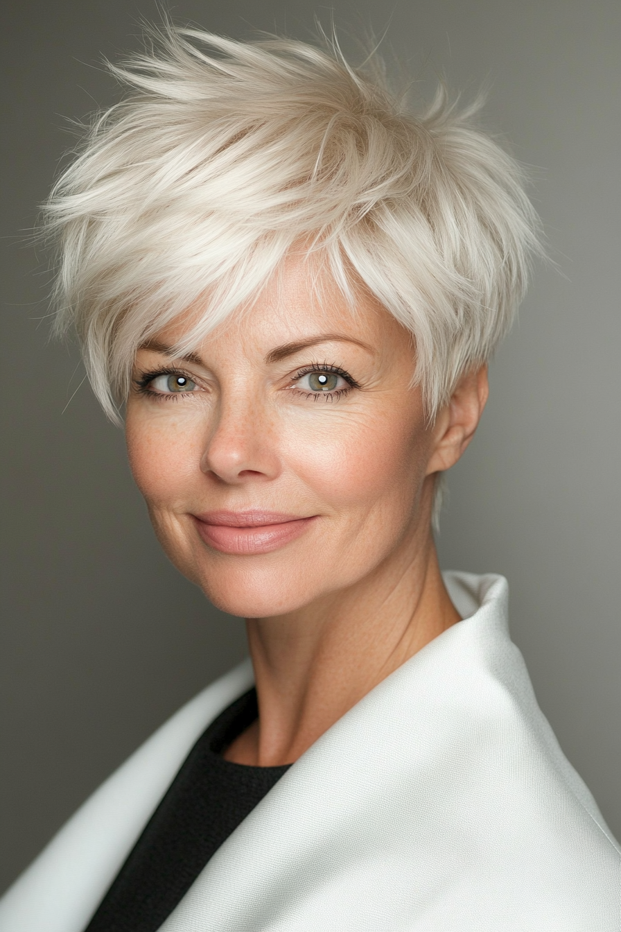 10. Layered Pixie Cut – Platinum Blonde (Haircuts For Older Women With Thinning Hair) - Haircuts For Older Women With Thinning Hair