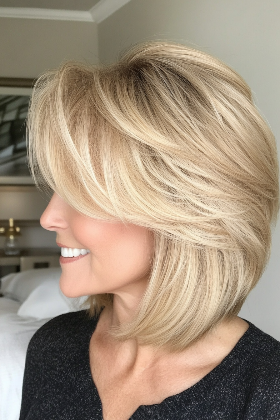 12. Sleek Bob with Layers – Medium Blonde (Haircuts For Older Women With Thinning Hair) - Haircuts For Older Women With Thinning Hair