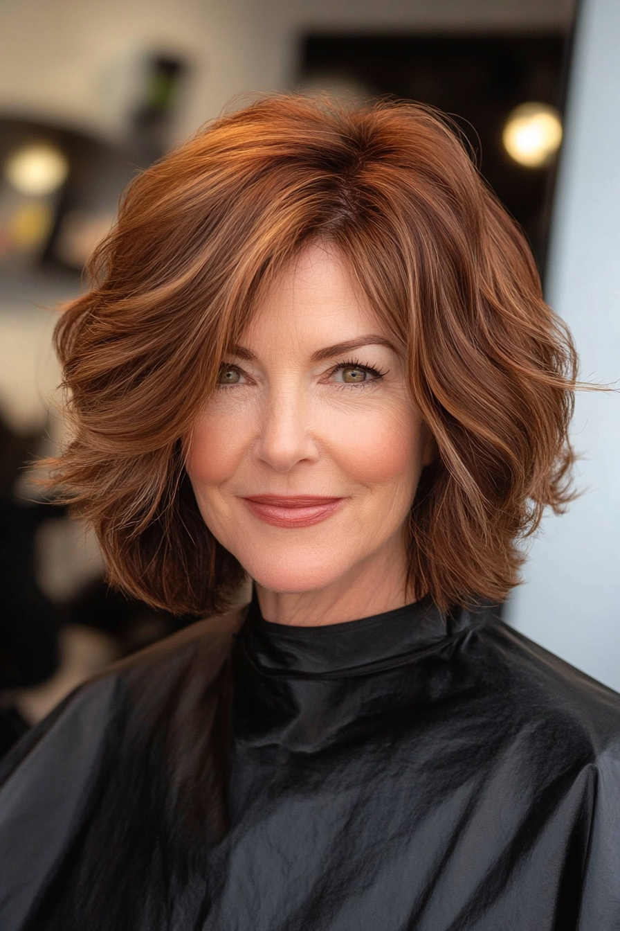 13. Tousled Wavy Bob – Dark Auburn (Haircuts For Older Women With Thinning Hair) - Haircuts For Older Women With Thinning Hair
