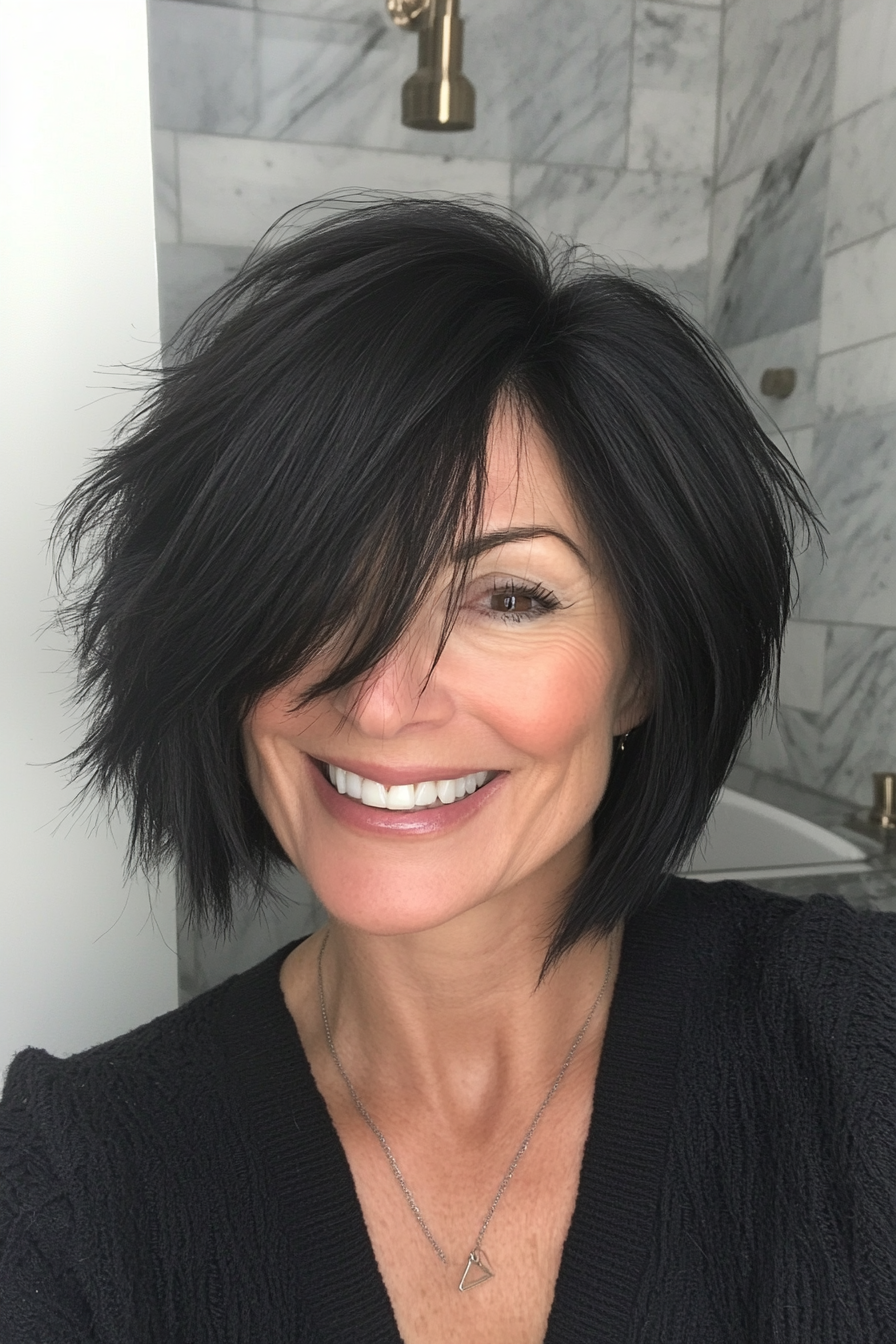 18. Choppy Lob – Soft Black (Haircuts For Older Women With Thinning Hair) - Haircuts For Older Women With Thinning Hair