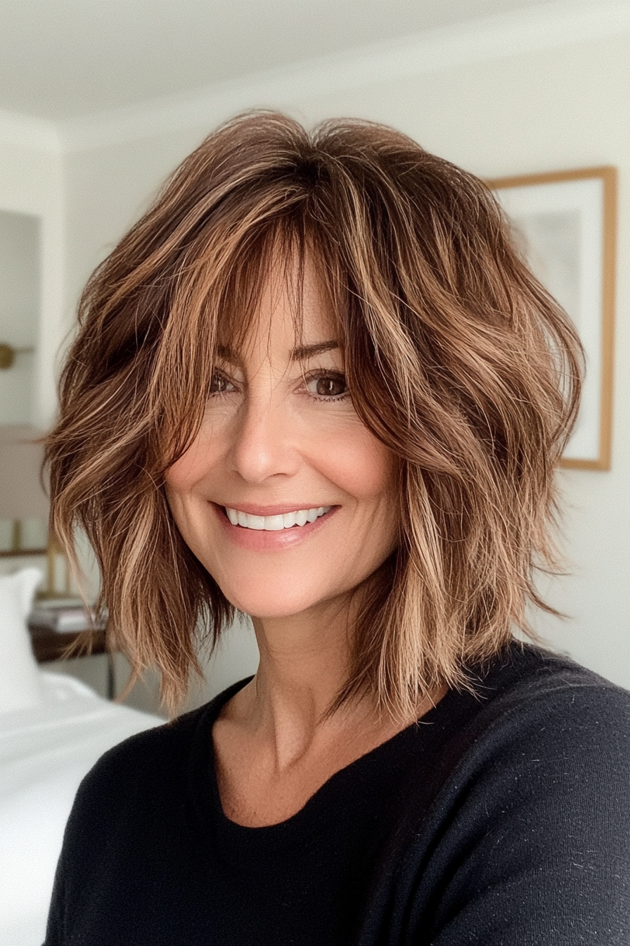 19. Textured Shaggy Lob – Brown with Highlights (Haircuts For Older Women With Thinning Hair) - Haircuts For Older Women With Thinning Hair