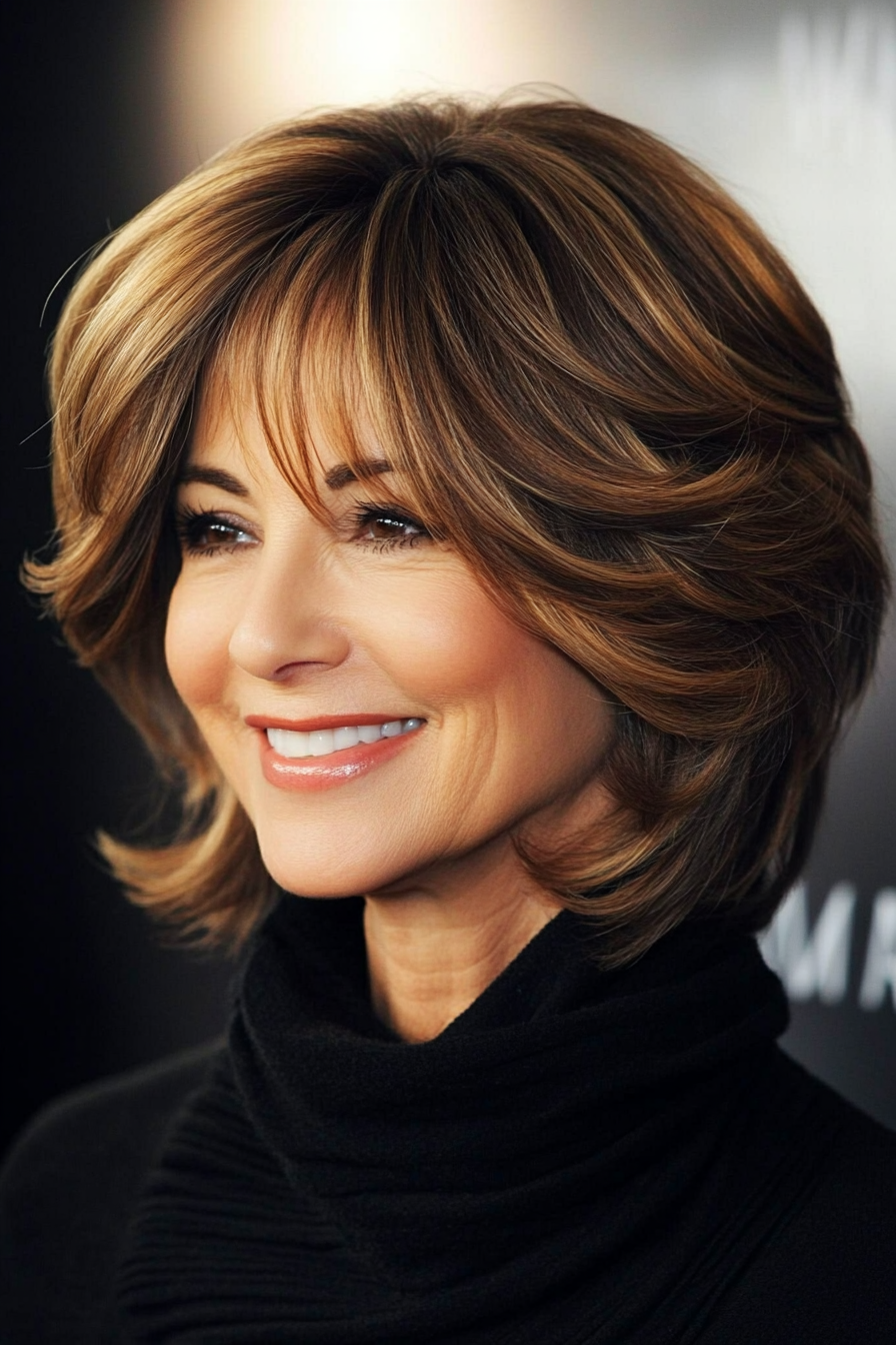 21. Layered Bob with Highlights – Caramel (Haircuts For Older Women With Thinning Hair) - Haircuts For Older Women With Thinning Hair