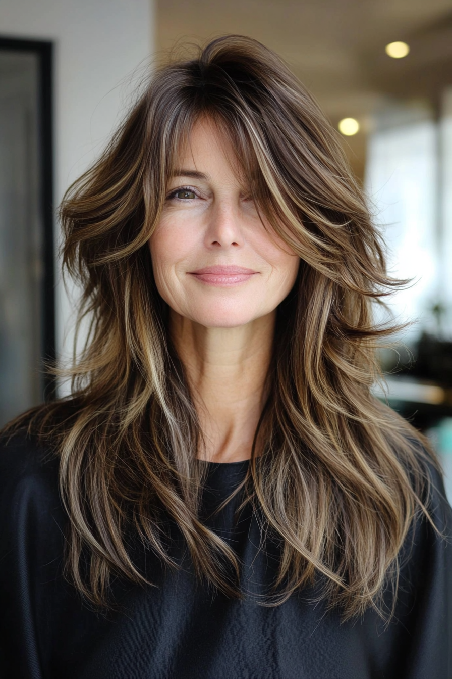 23. Long Shaggy Layers – Medium Brown (Haircuts For Older Women With Thinning Hair) - Haircuts For Older Women With Thinning Hair