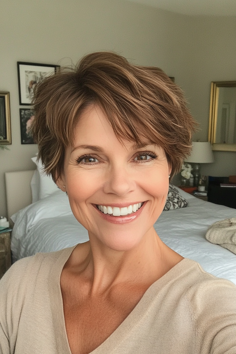 27. Choppy Pixie Cut – Natural Brown (Haircuts For Older Women With Thinning Hair) - Haircuts For Older Women With Thinning Hair