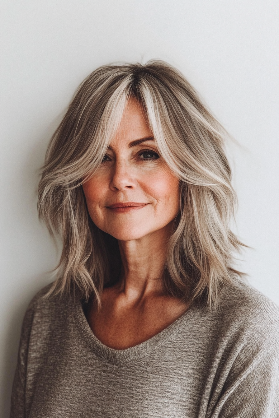19. Choppy Lob with Highlights (Hairstyles For Women Over 60 Thin Hair) - Hairstyles For Women Over 60 Thin Hair