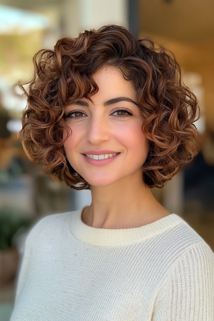 20. Curly A-line Bob - Honey Brown (Short Curly Hairstyles For Women) - Short Curly Hairstyles For Women