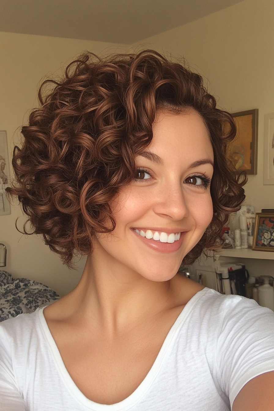 10. Asymmetrical Curly Cut - Medium Brown (Short Curly Hairstyles For Women) - Short Curly Hairstyles For Women
