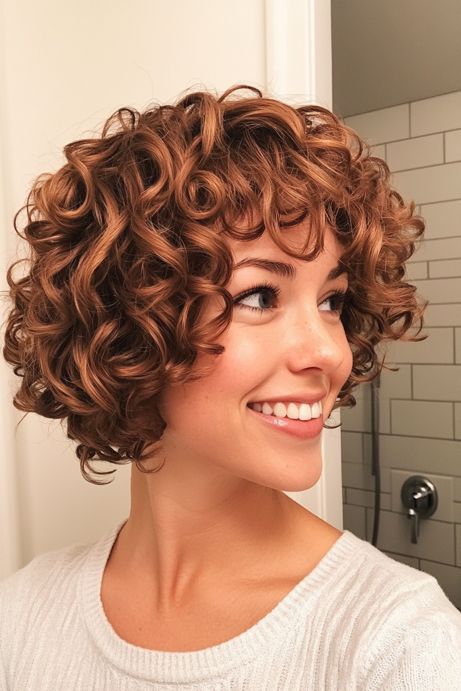 13. Curly Shag with Bangs - Caramel (Short Curly Hairstyles For Women) - Short Curly Hairstyles For Women