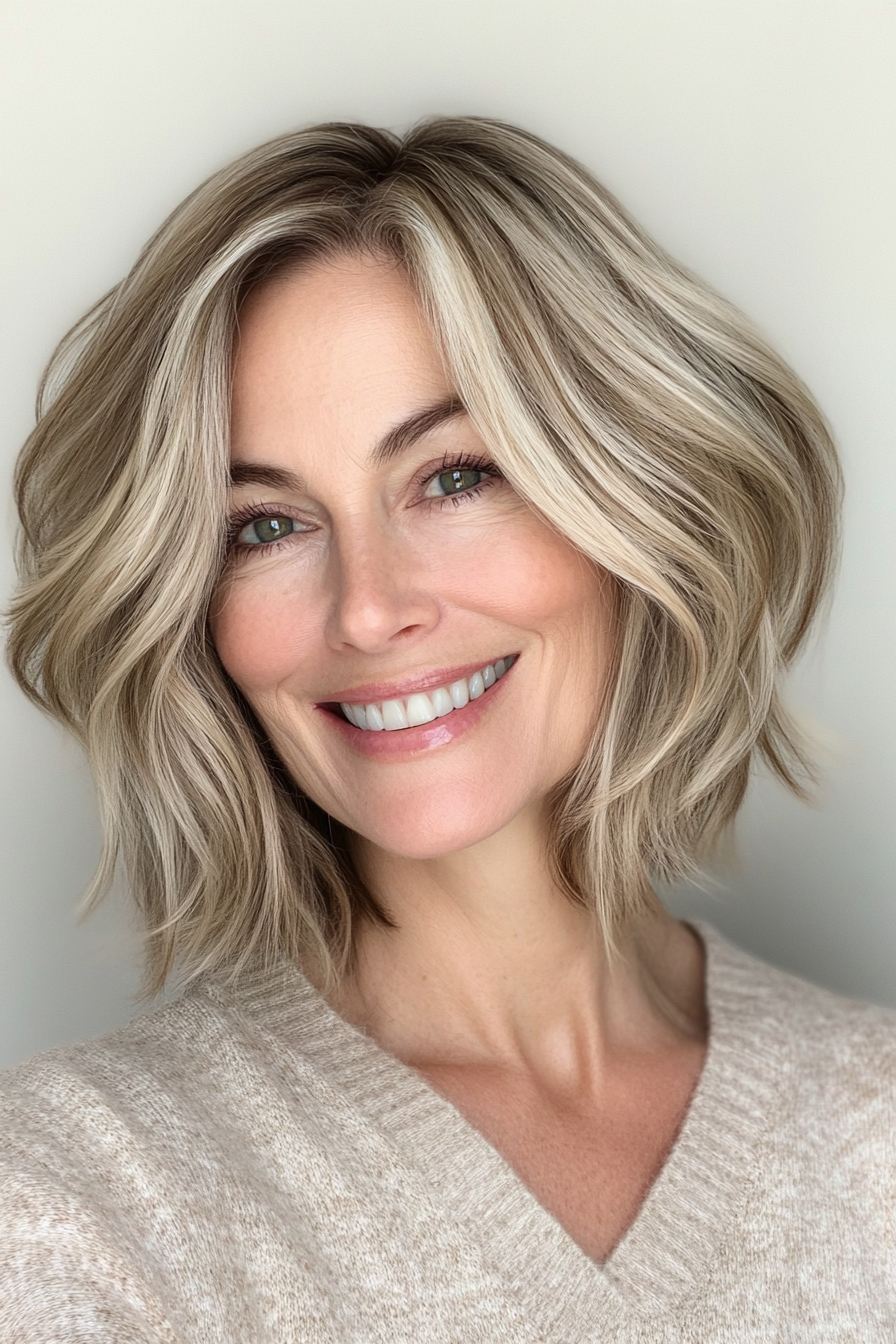 1. Textured Bob with Soft Blonde Highlights (Layered Haircuts For Women Over 50) - Layered Haircuts For Women Over 50